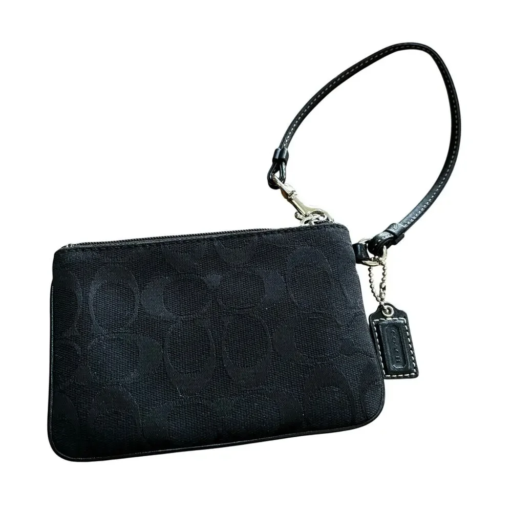Coach black wristlet leather & signature logo canvas top zipper hang tag classic